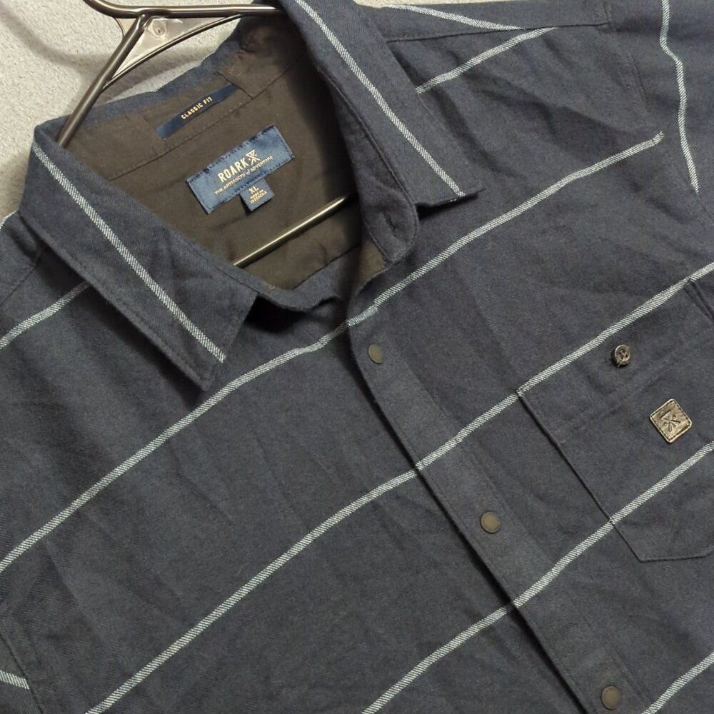 Roark Nordsman Shirt Men's XL Blue Classic Fit Cotton Snap Flannel Elbow Patches